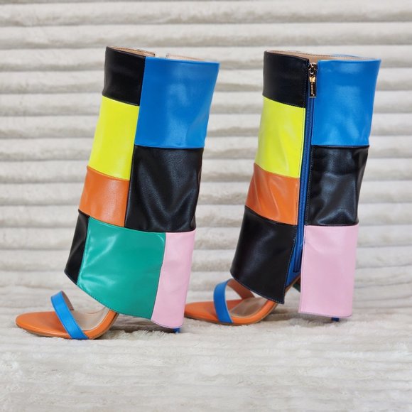 Paris Color Block Stiletto Fold Over Skirted Shootie Boot Sandals - Picture 5 of 15